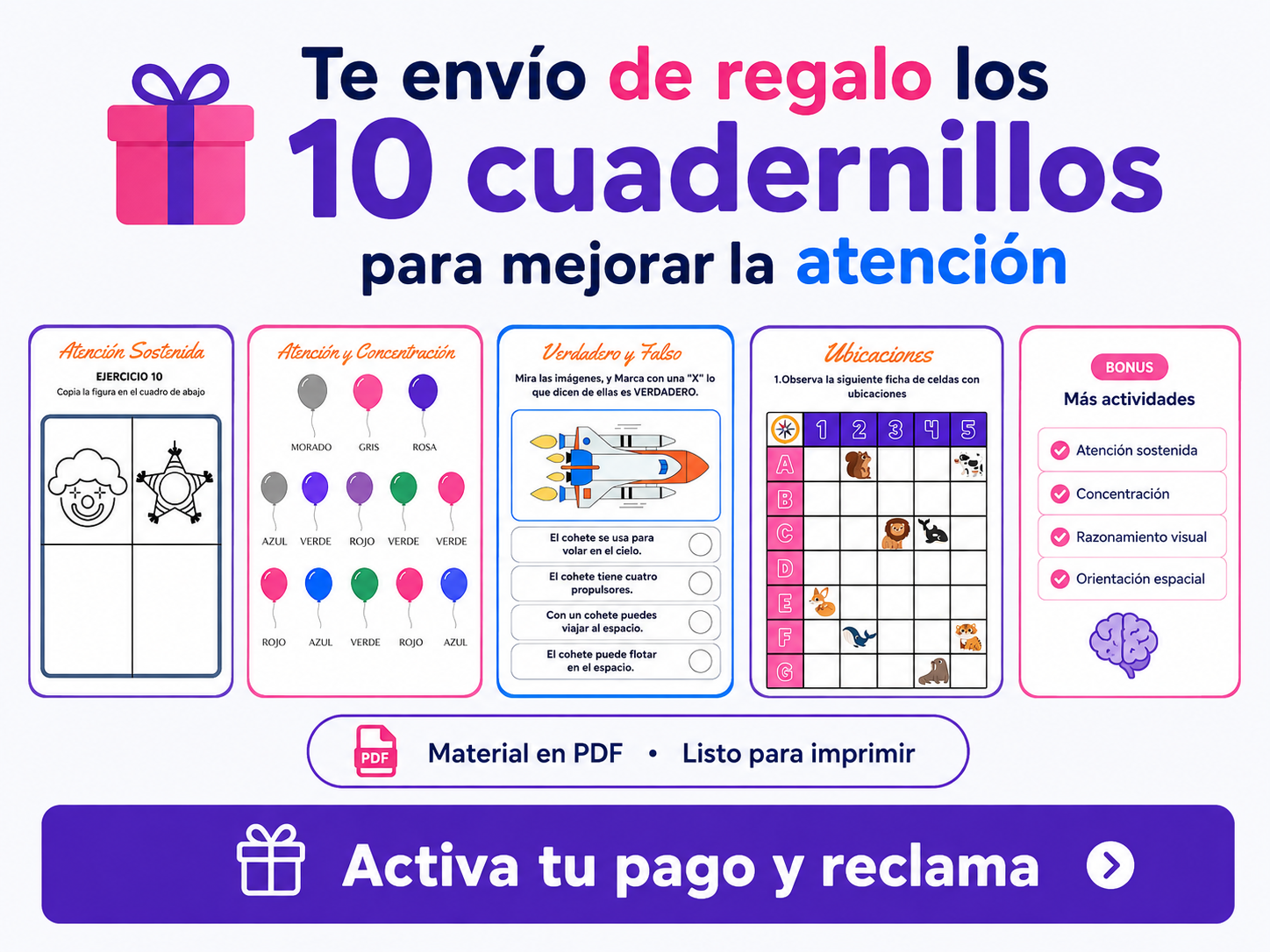 Páginas de muestra de los cuadernillos de atención
